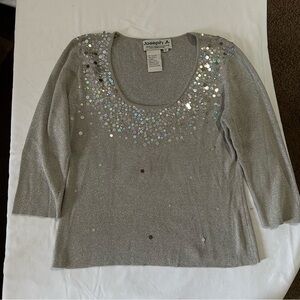 Vintage Joseph A Silver Sequin Embellished Top 3/4 length sleeves